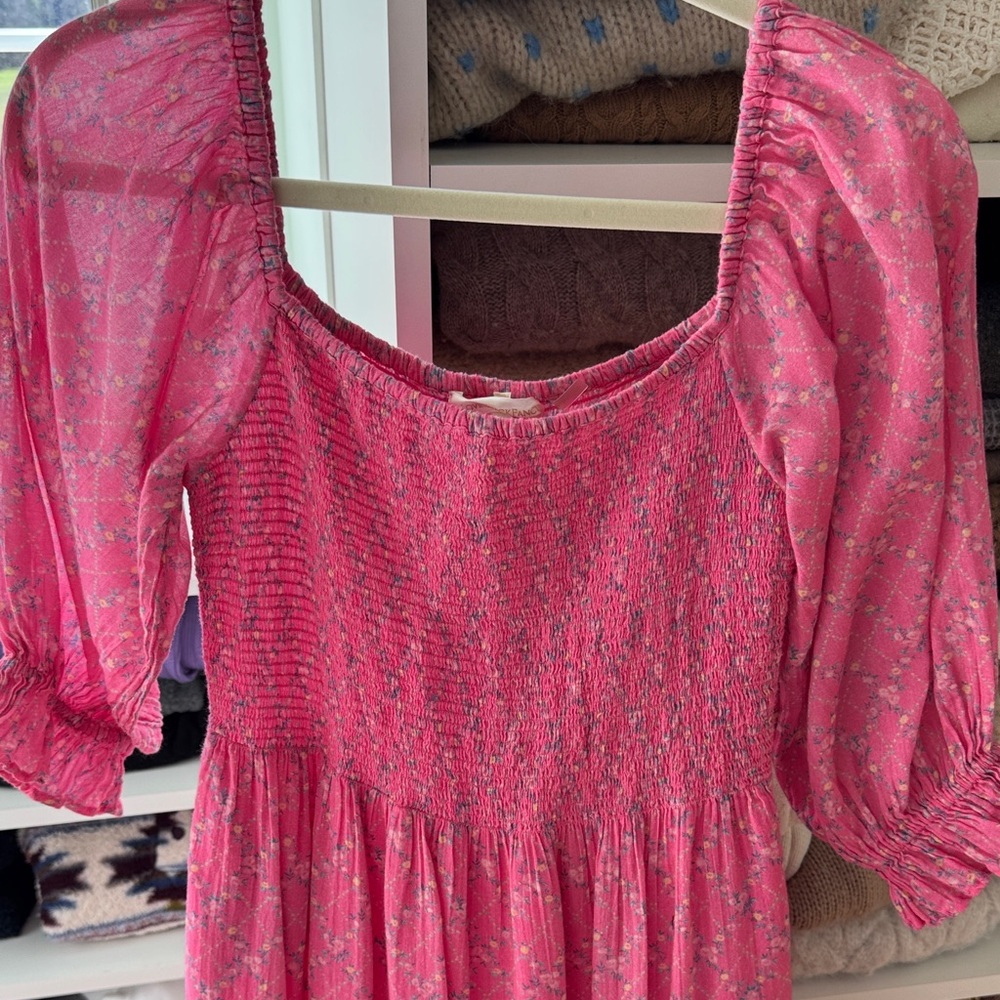 Loveshackfancy Pink Floral Smocked Midi Dress